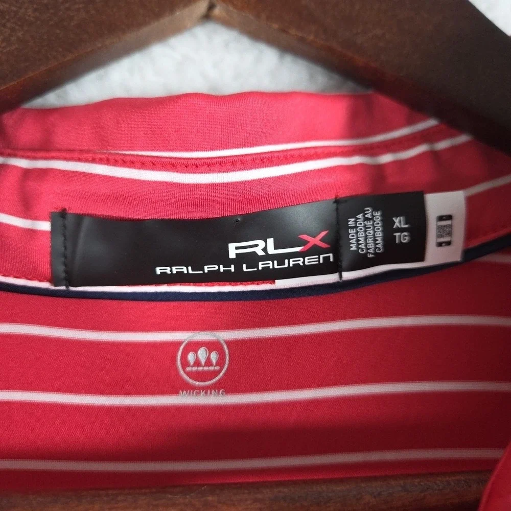 RLX Ralph Lauren Men's XL Pink/white Stripe Short Sleeve Golf Polo Shirt Stretch